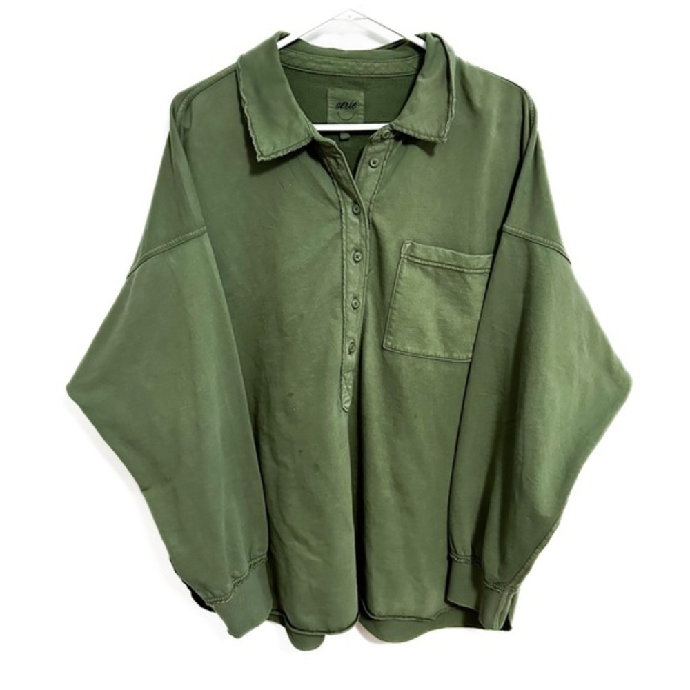 Aerie Take It Easy Popover Polo Sweatshirt Button Down Green size Large